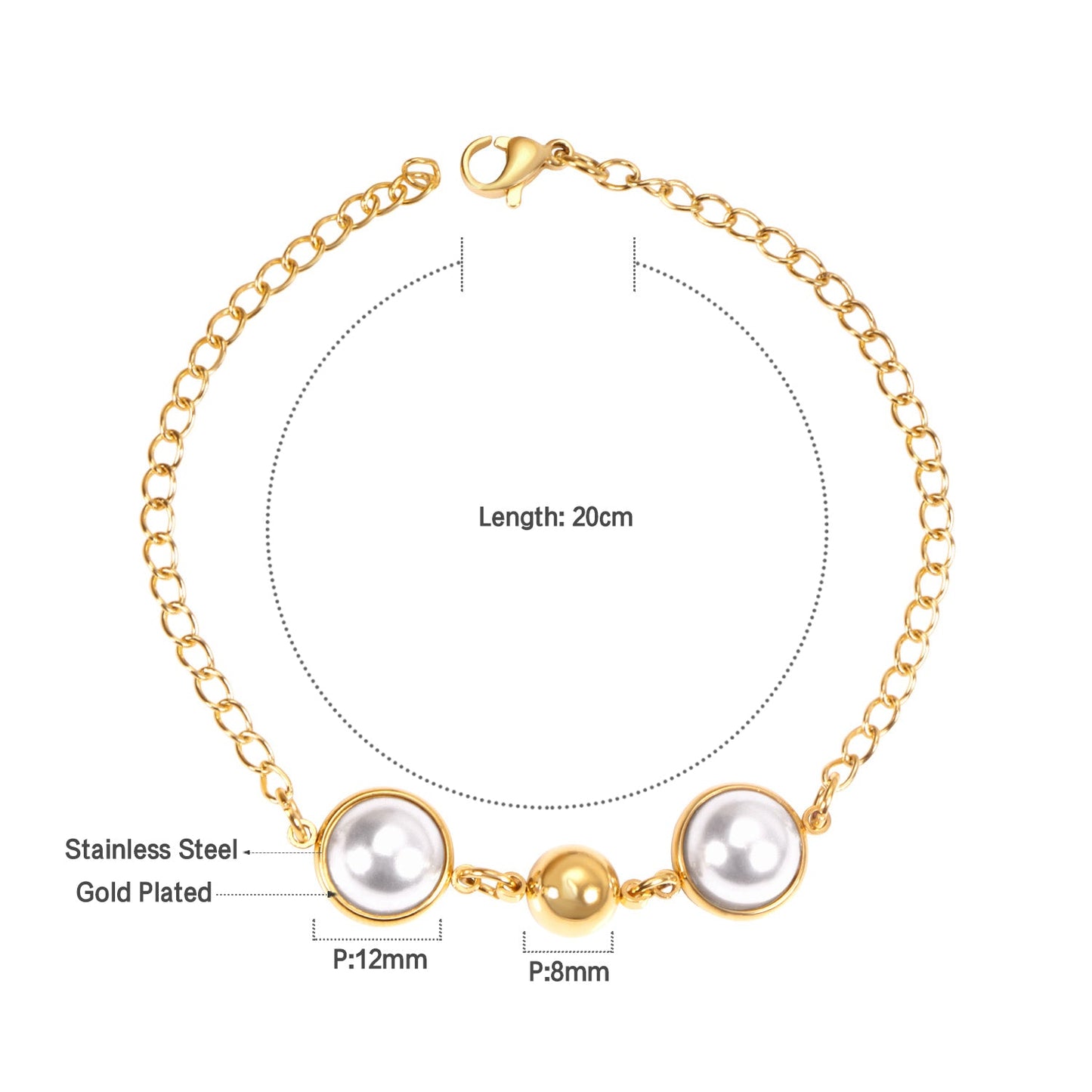 Gold White Pearls with Steel Beads Bracelet 20cm asonjewelry