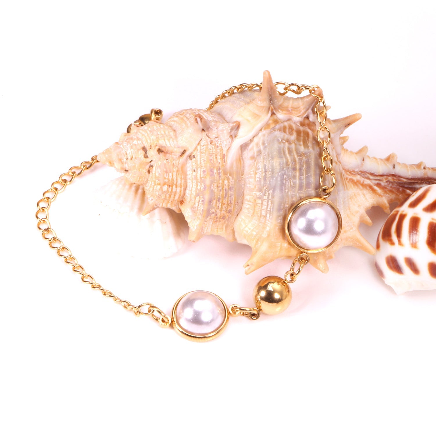 Gold White Pearls with Steel Beads Bracelet 20cm asonjewelry