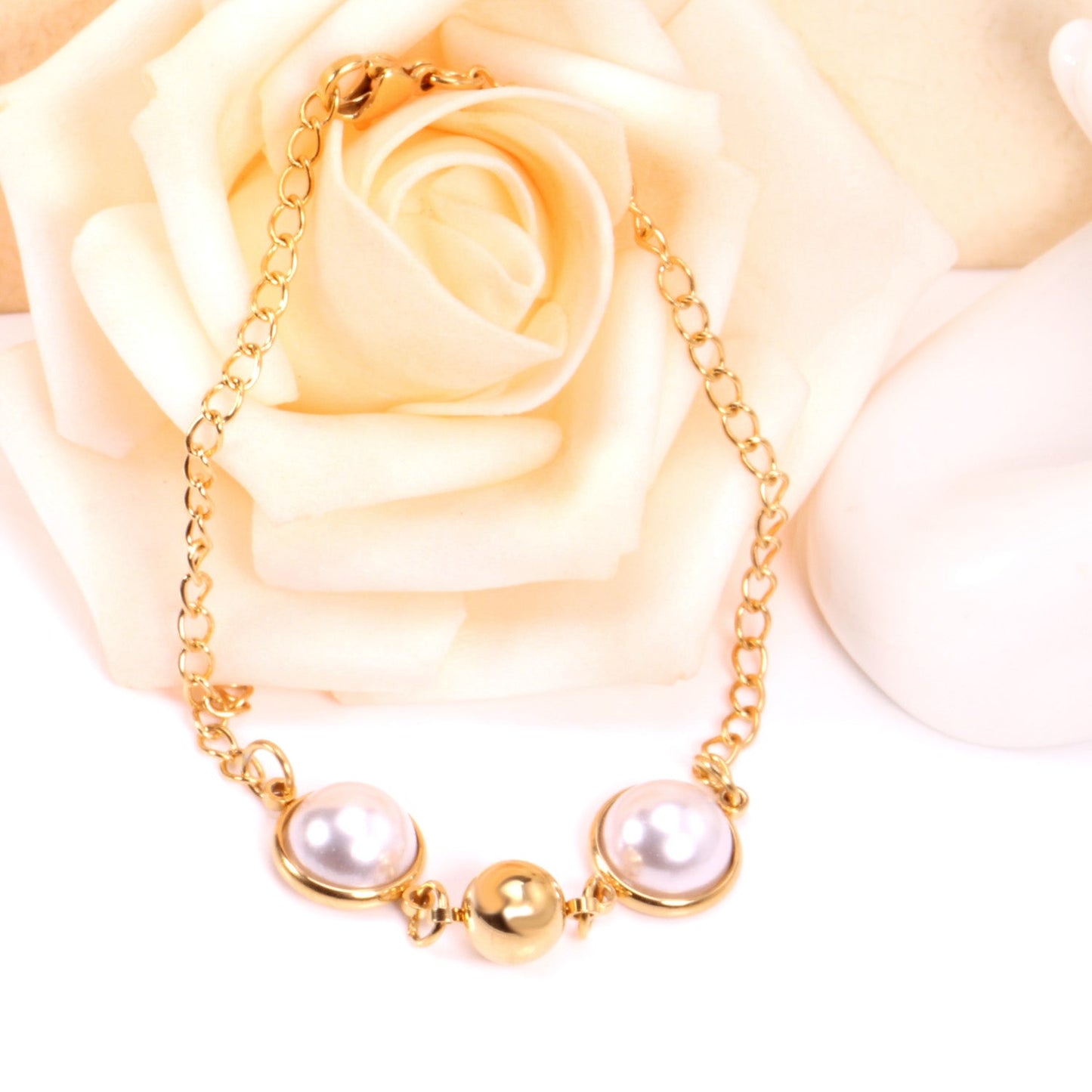 Gold White Pearls with Steel Beads Bracelet 20cm asonjewelry