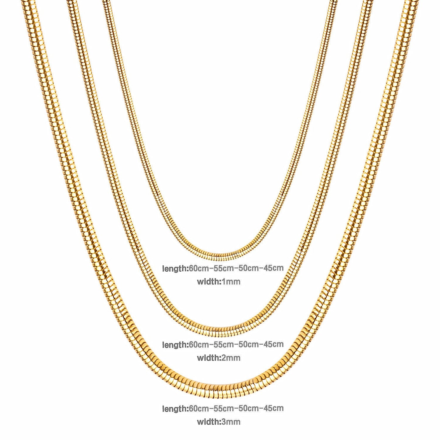 ASON 10pcs/bulk long necklace collar 2mm*45cm & 3mm*45cm round snake with chain steel color & gold color stainless steel necklace wholesale asonjewelry