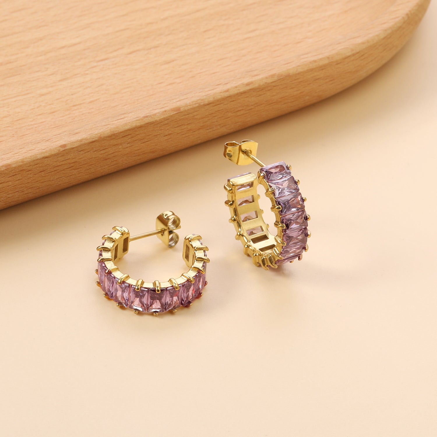 C-Shape with Two Catch Baguette White&Purple&Green&Mixed Diamond Stud Earrings 6.8*21mm asonjewelry