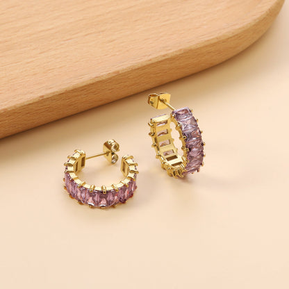 C-Shape with Two Catch Baguette White&Purple&Green&Mixed Diamond Stud Earrings 6.8*21mm asonjewelry