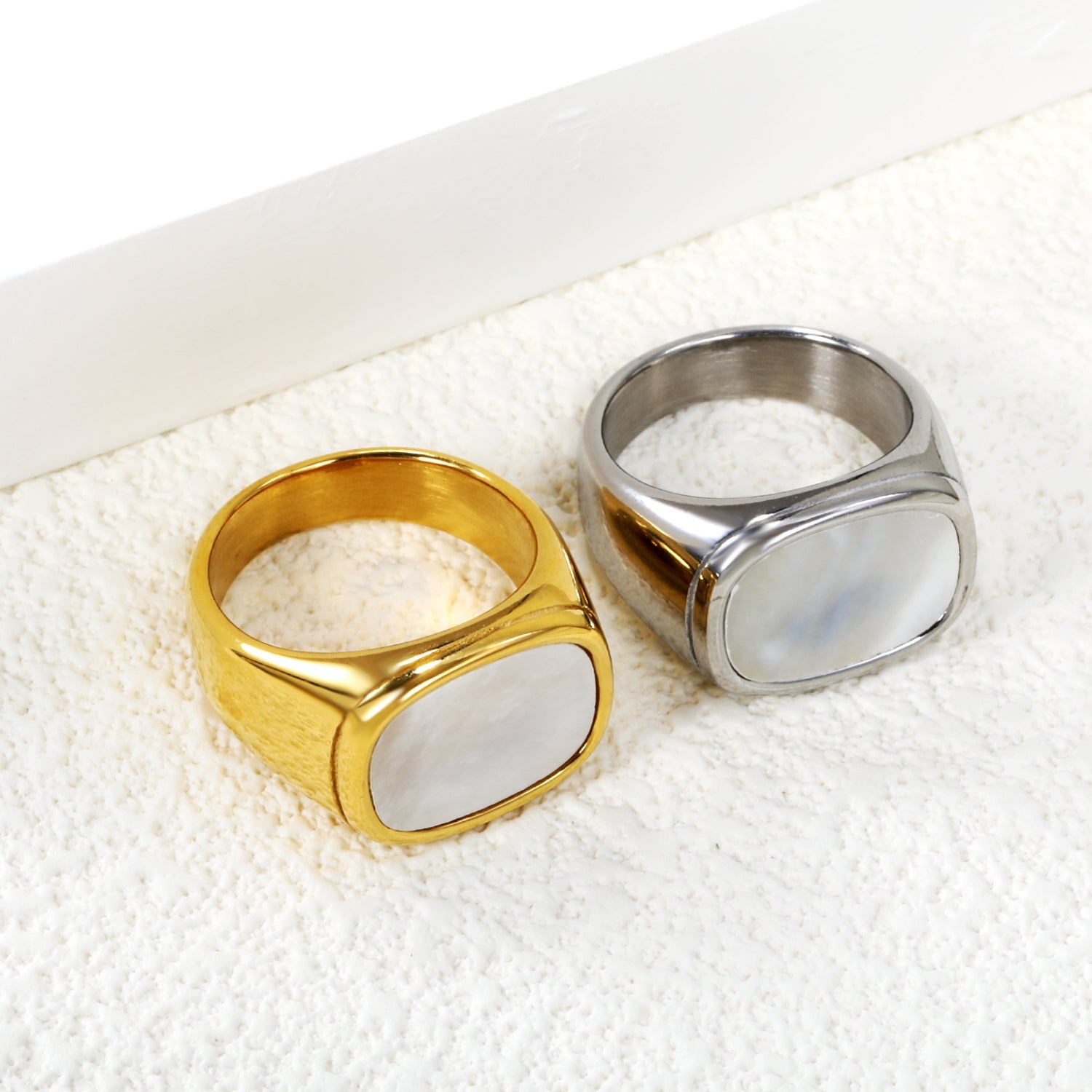 Cast Crafted Sticky White Oversized Shell Ring Square Gold Polished Stainless Steel Ring Wholesale asonjewelry