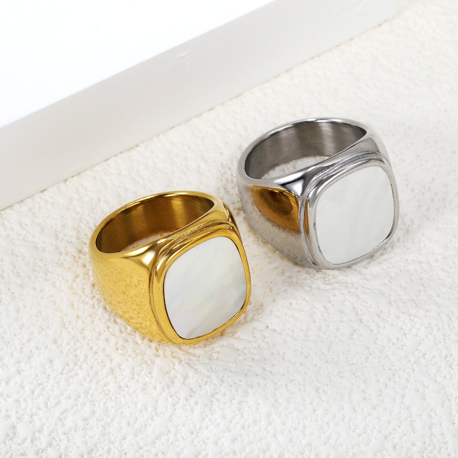 Casting process sticky white oversized shell ring square polished stainless steel ring asonjewelry