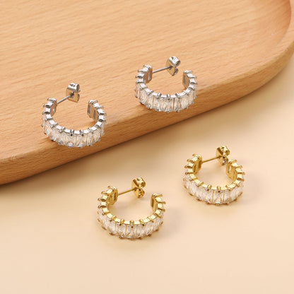 C-Shape with Two Catch Baguette White&Purple&Green&Mixed Diamond Stud Earrings 6.8*21mm asonjewelry