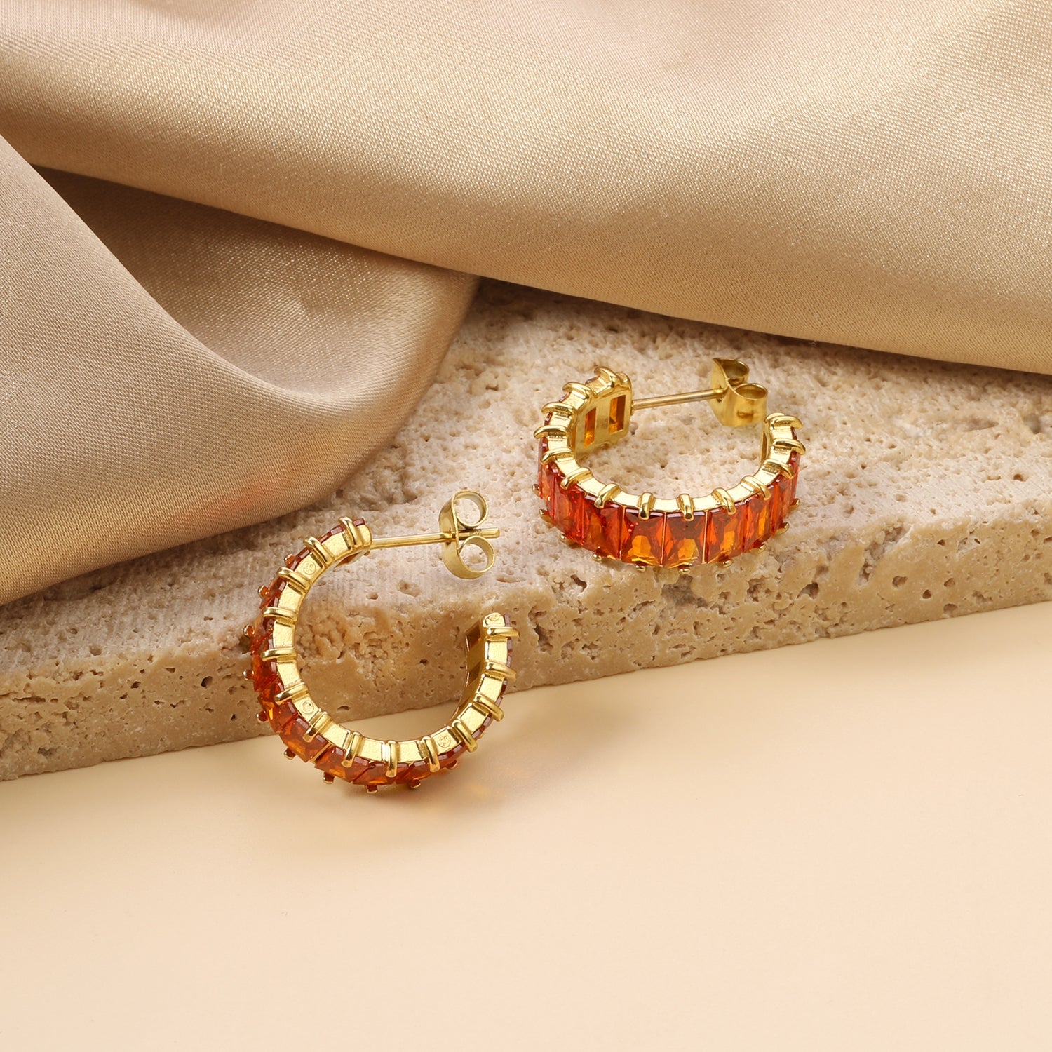 C-Shape with Two Catch Baguette White&Purple&Green&Mixed Diamond Stud Earrings 6.8*21mm asonjewelry