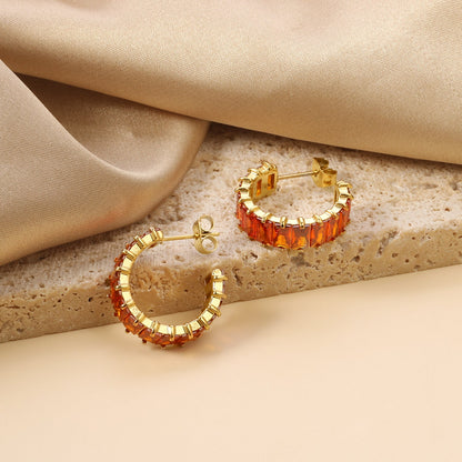 C-Shape with Two Catch Baguette White&Purple&Green&Mixed Diamond Stud Earrings 6.8*21mm asonjewelry