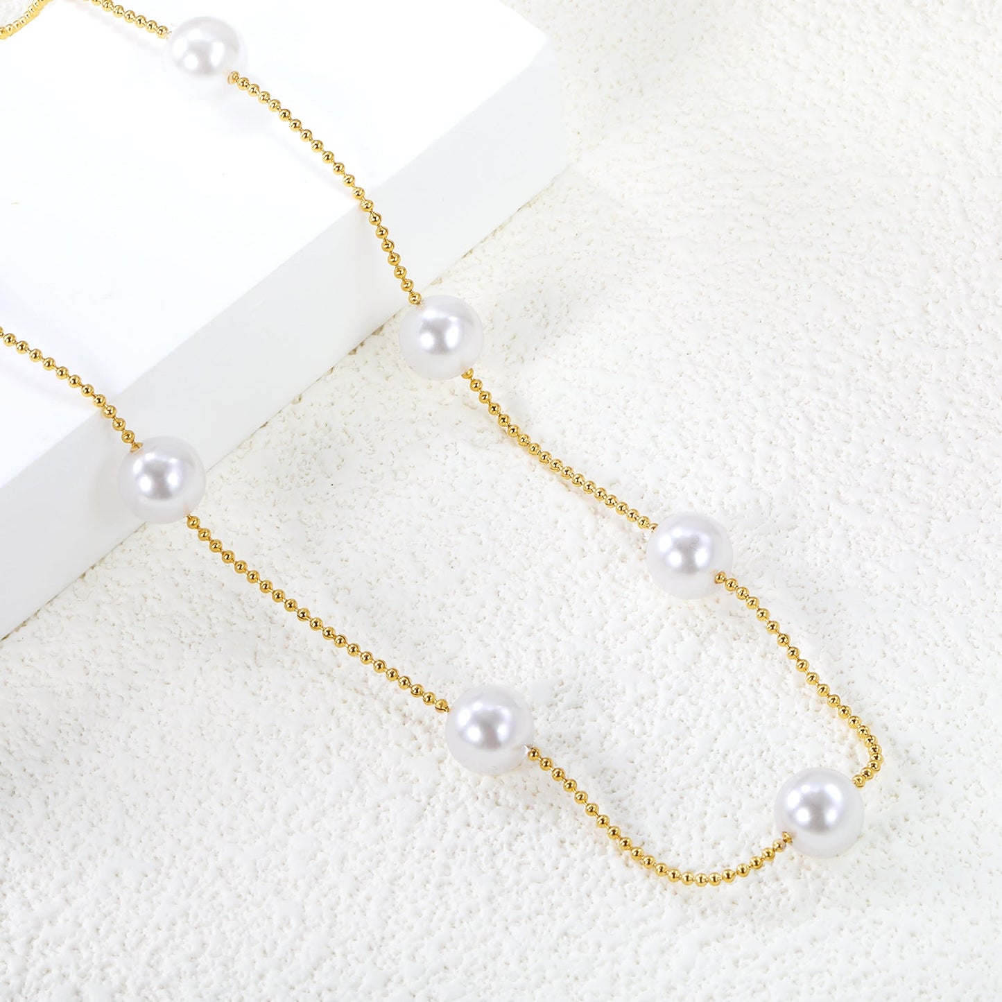 7pcs 8mm white pearl beads necklace 1.2mm*42+5cm gold color asonjewelry