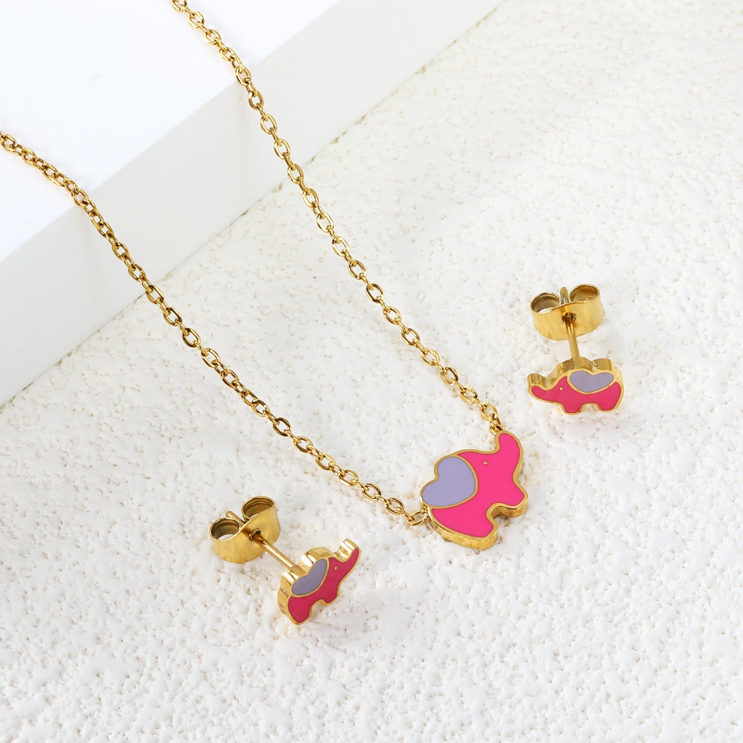 8.6*6.4mm small elephant with pink oil drop earrings +12.2*9mm pendant set cross 0.3mm*45+5cm+6mm round plate steel color / gold color asonjewelry