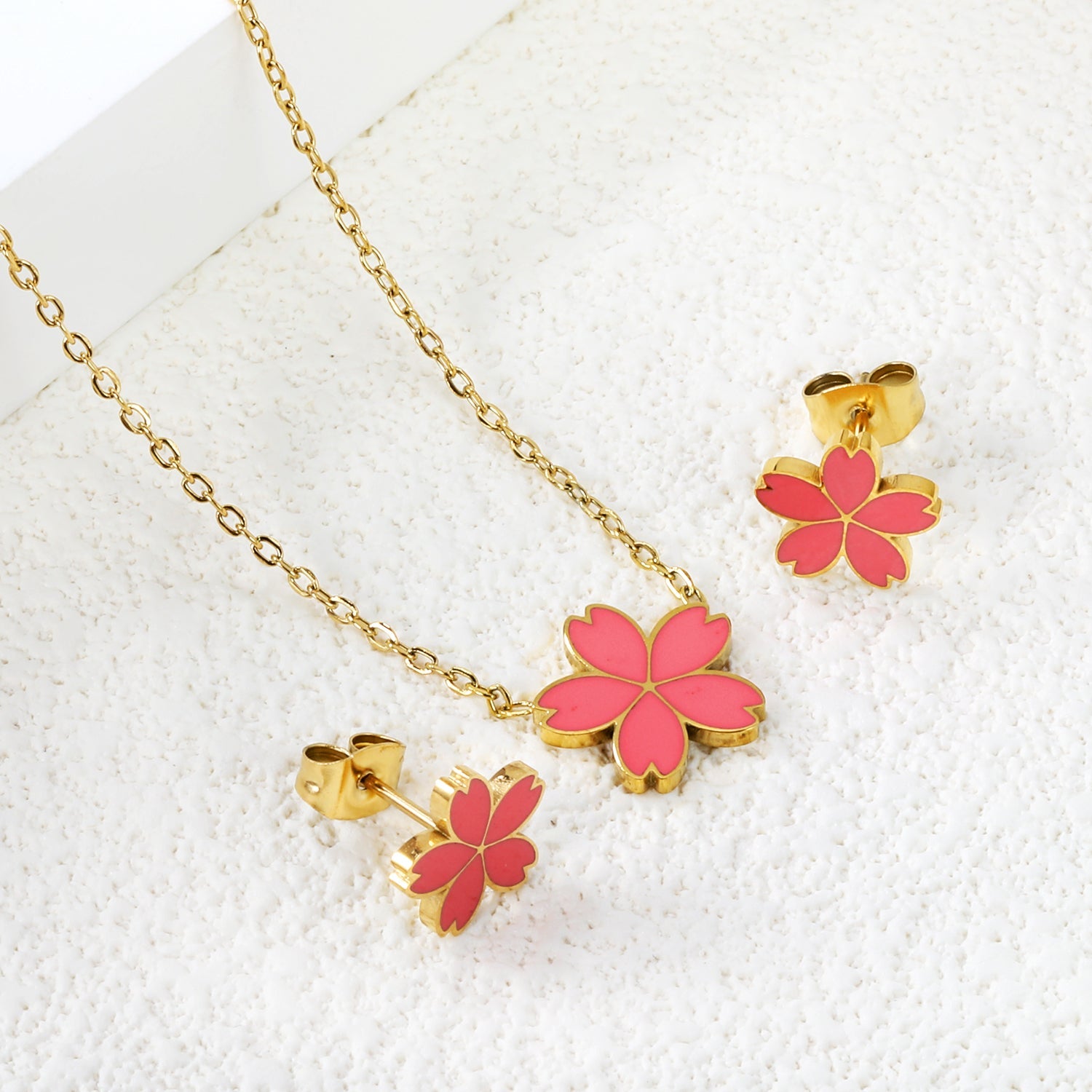 10mm cherry blossom with pink oil drop earrings + 12.5mm pendant set cross 0.3mm*45+5cm+6mm round plate steel color / gold color asonjewelry