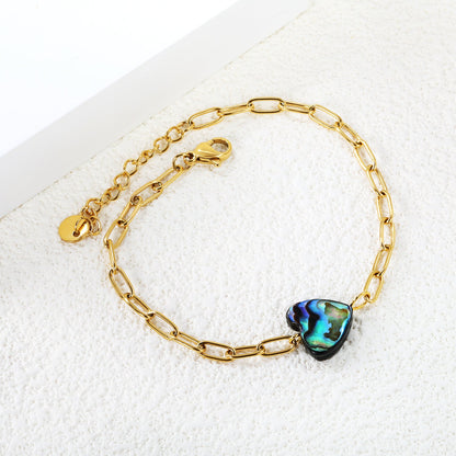 12.2*11.5mm Heart Shaped Abalone Shell Bracelet 0.8mm*17+3cm+6mm Round Plaque GOLDEN asonjewelry