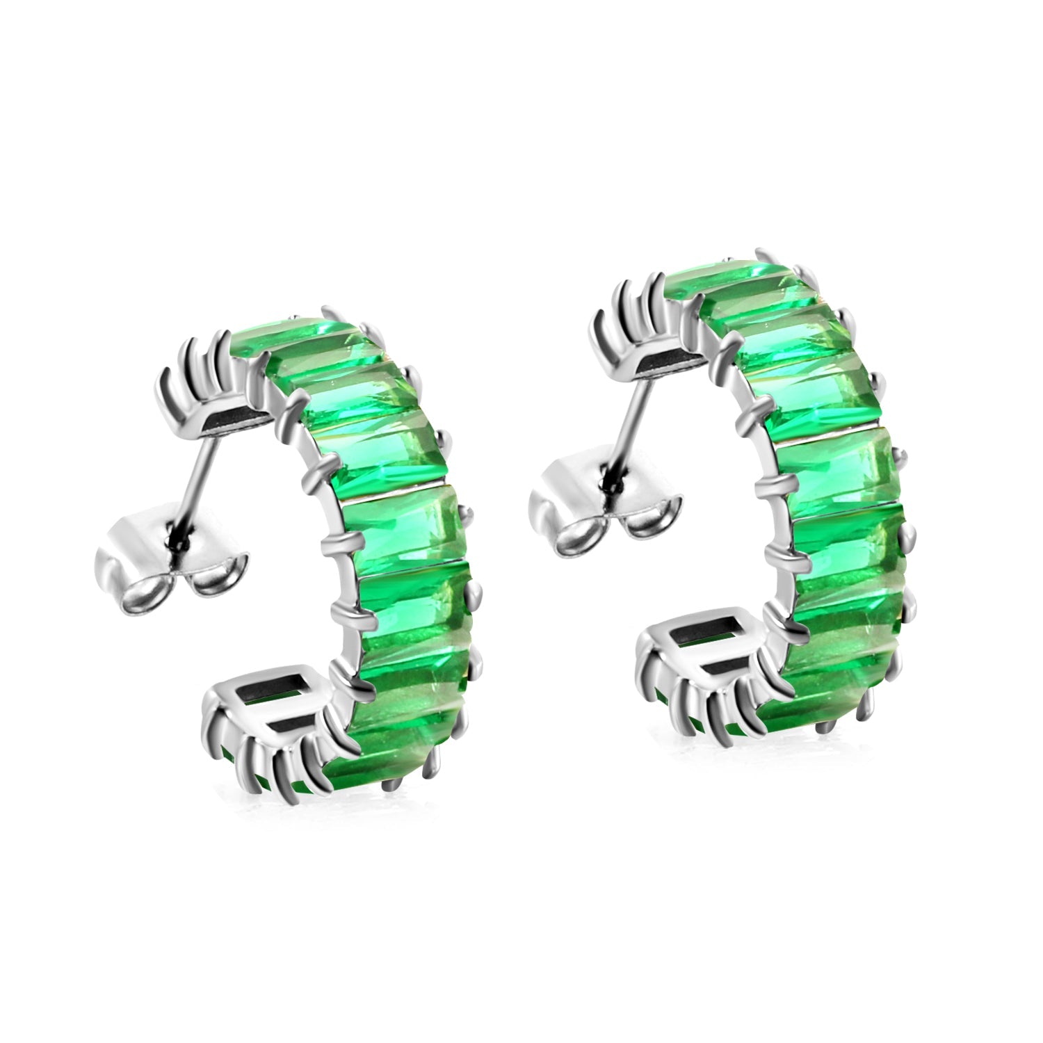C-Shape with Two Catch Baguette White&Purple&Green&Mixed Diamond Stud Earrings 6.8*21mm asonjewelry