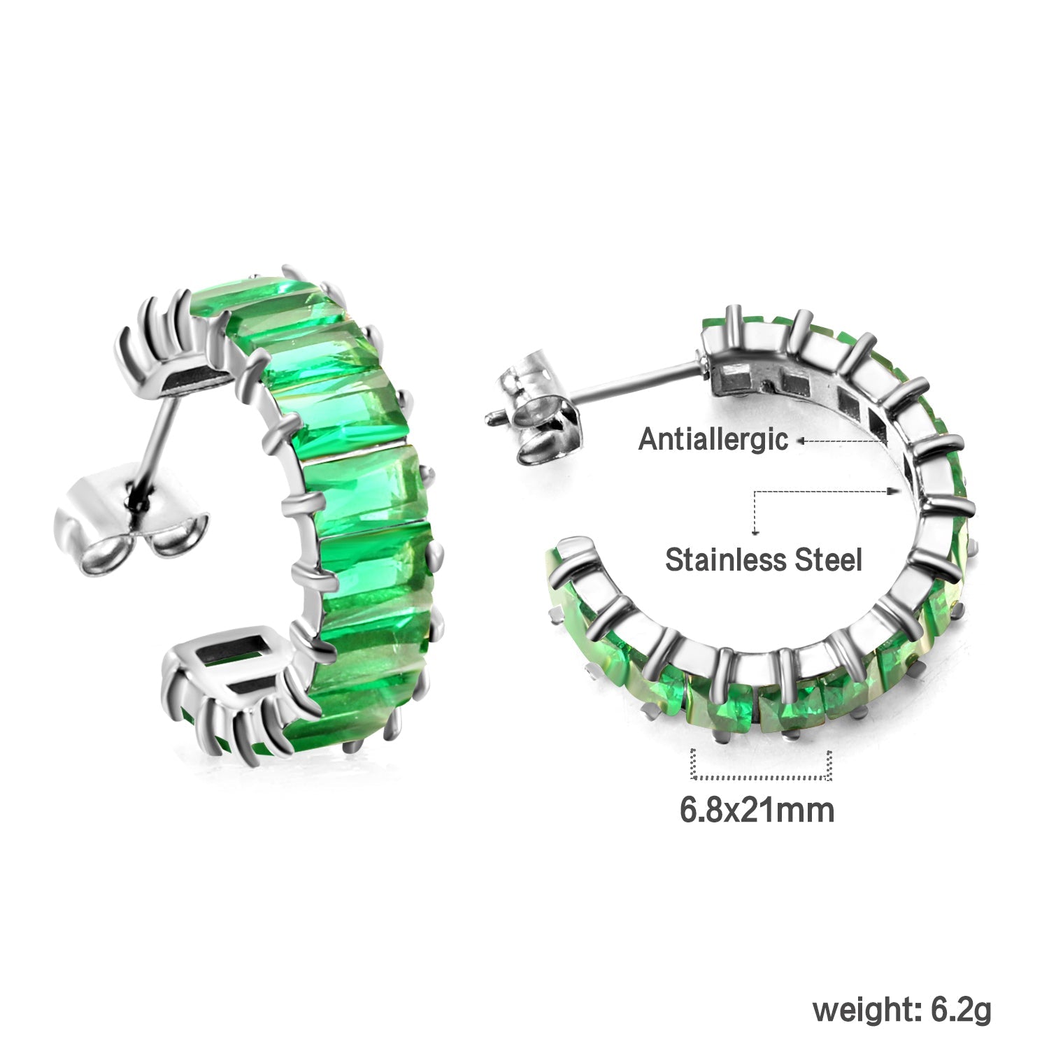 C-Shape with Two Catch Baguette White&Purple&Green&Mixed Diamond Stud Earrings 6.8*21mm asonjewelry