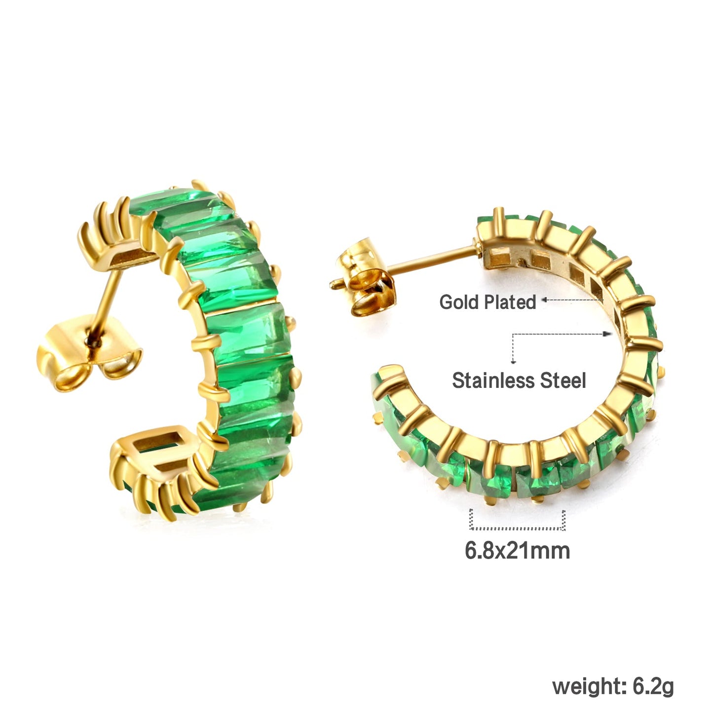 C-Shape with Two Catch Baguette White&Purple&Green&Mixed Diamond Stud Earrings 6.8*21mm asonjewelry