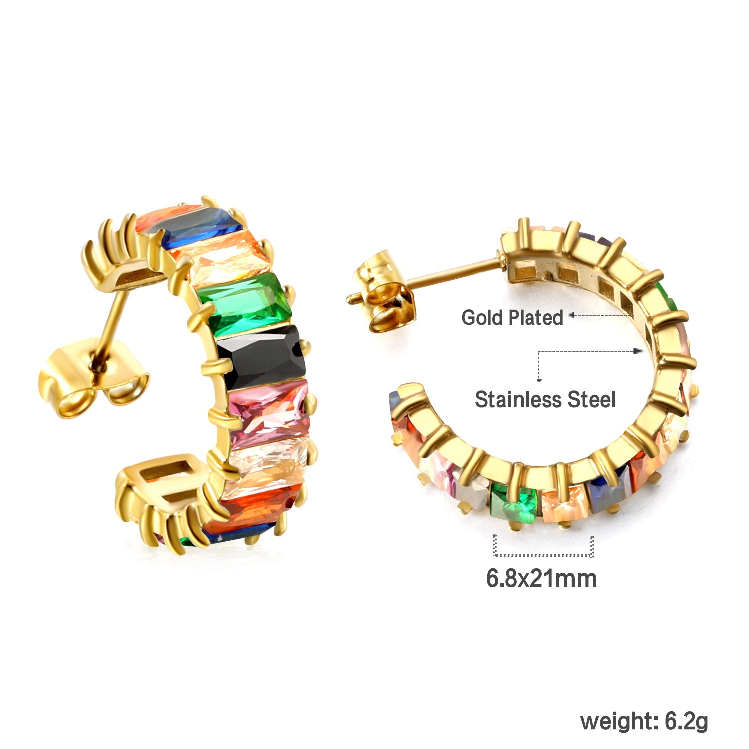 C-Shape with Two Catch Baguette White&Purple&Green&Mixed Diamond Stud Earrings 6.8*21mm asonjewelry