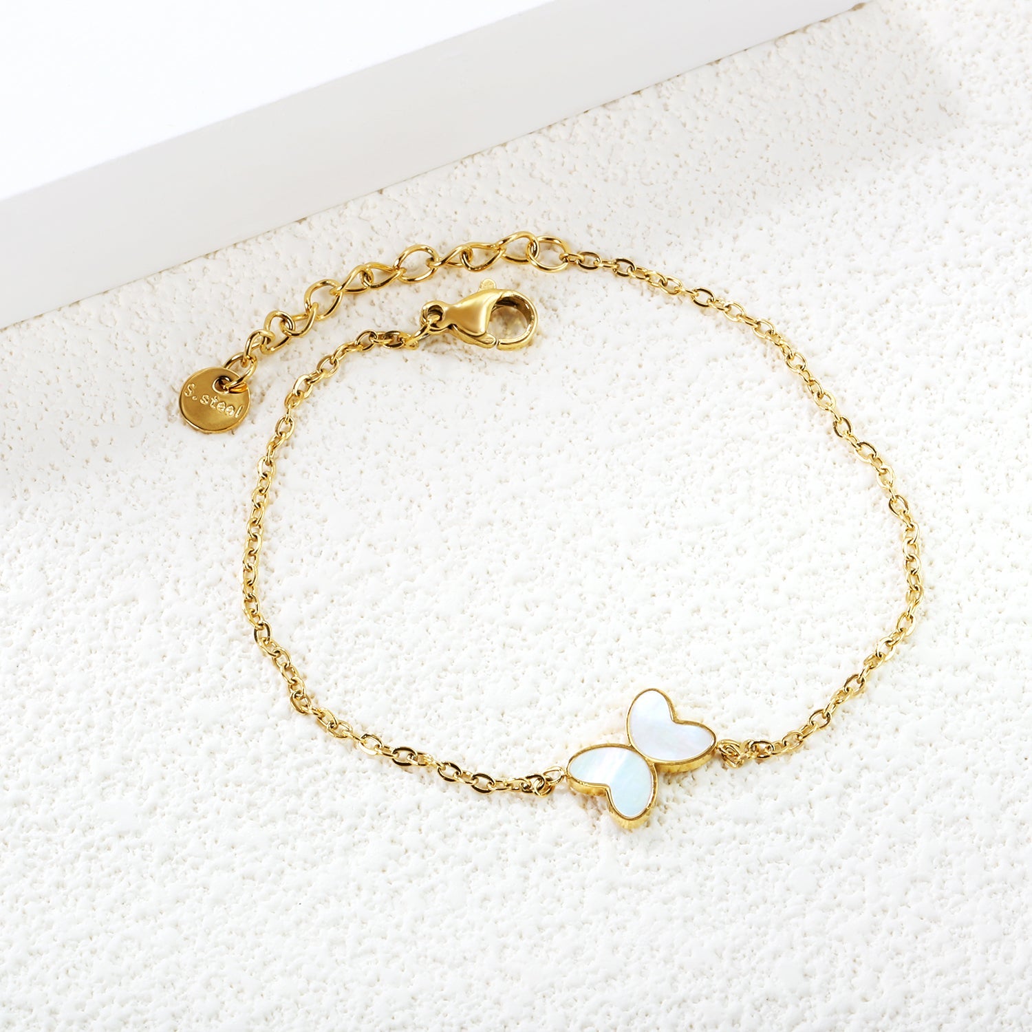 11.2*8mm Butterfly with White Shell/Black Yak/Pink Shell/Green Drip Oil Bracelet Cross Chain 0.4mm*17+3cm+6mm Round Tail Plaque Gold Color asonjewelry