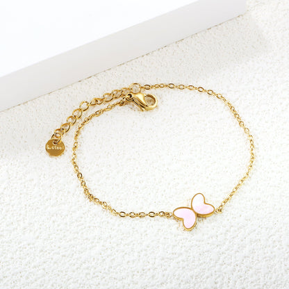 11.2*8mm Butterfly with White Shell/Black Yak/Pink Shell/Green Drip Oil Bracelet Cross Chain 0.4mm*17+3cm+6mm Round Tail Plaque Gold Color asonjewelry