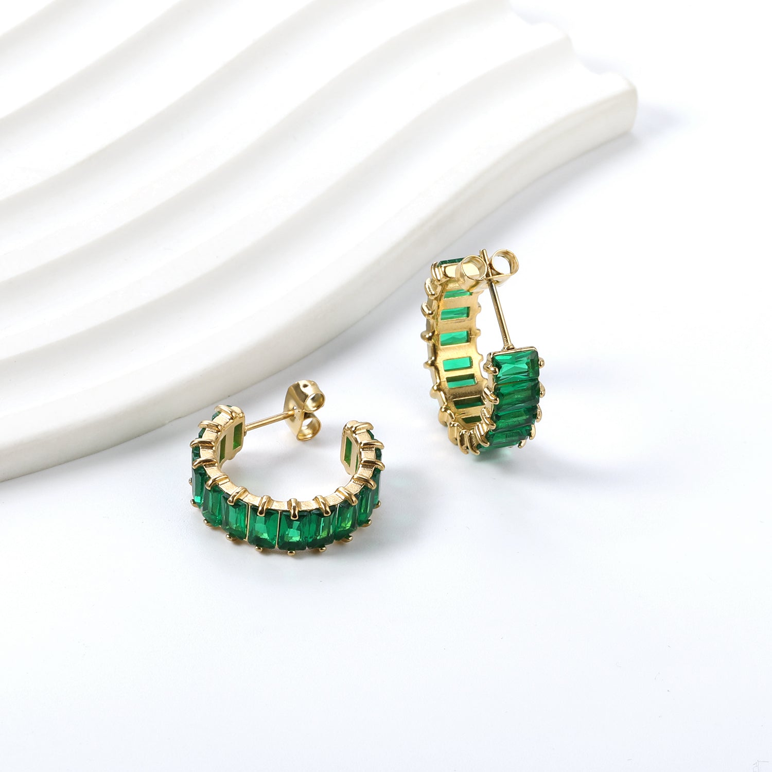 C-Shape with Two Catch Baguette White&Purple&Green&Mixed Diamond Stud Earrings 6.8*21mm asonjewelry