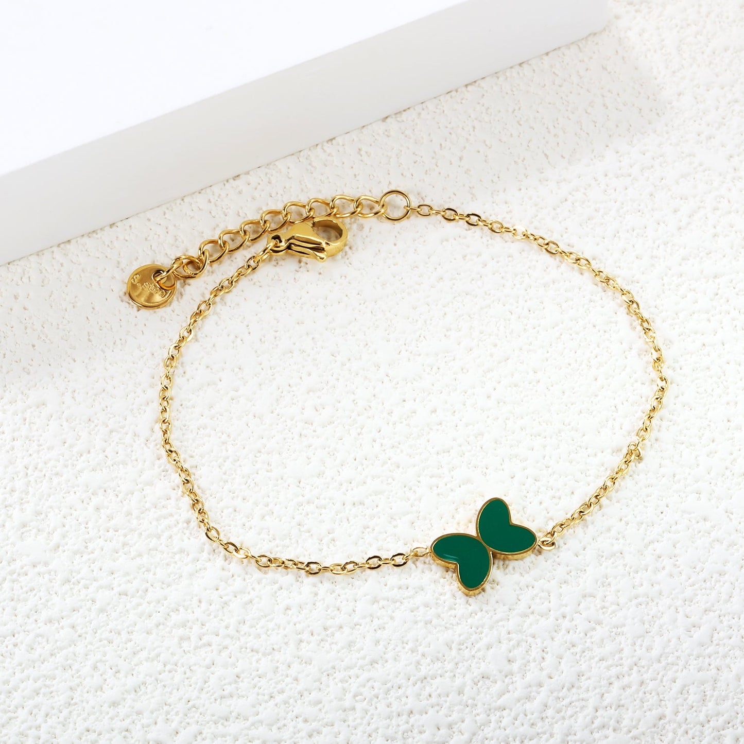 11.2*8mm Butterfly with White Shell/Black Yak/Pink Shell/Green Drip Oil Bracelet Cross Chain 0.4mm*17+3cm+6mm Round Tail Plaque Gold Color asonjewelry