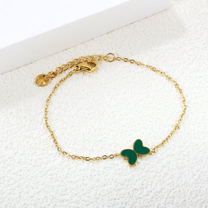 11.2*8mm Butterfly with White Shell/Black Yak/Pink Shell/Green Drip Oil Bracelet Cross Chain 0.4mm*17+3cm+6mm Round Tail Plaque Gold Color asonjewelry