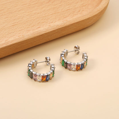 C-Shape with Two Catch Baguette White&Purple&Green&Mixed Diamond Stud Earrings 6.8*21mm asonjewelry
