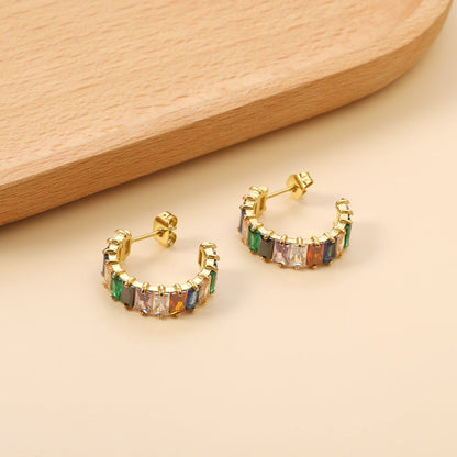 C-Shape with Two Catch Baguette White&Purple&Green&Mixed Diamond Stud Earrings 6.8*21mm asonjewelry