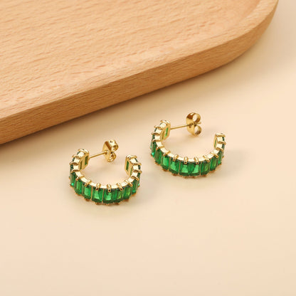 C-Shape with Two Catch Baguette White&Purple&Green&Mixed Diamond Stud Earrings 6.8*21mm asonjewelry