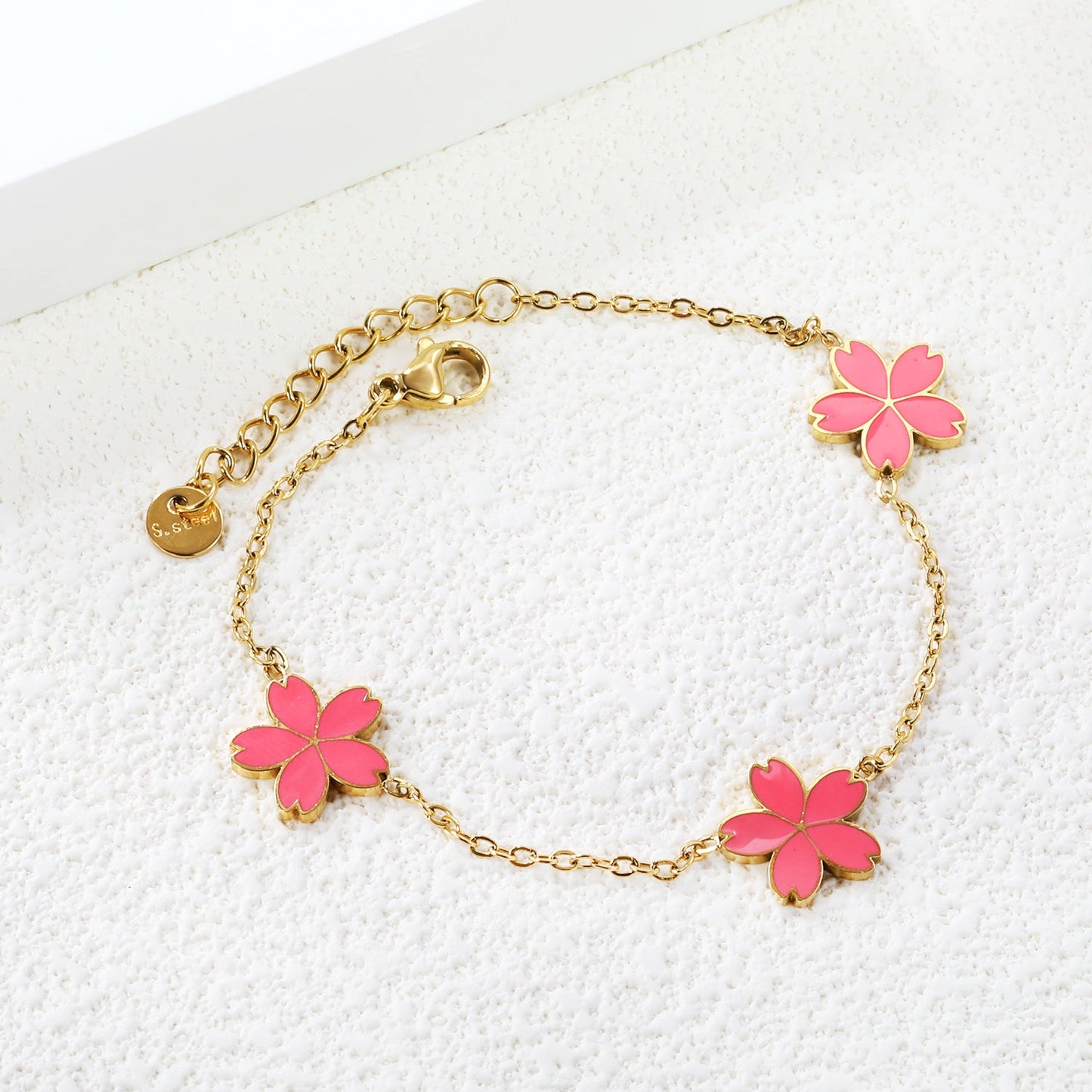 3 12mm cherry blossom with pink oil drop bracelet cross 0.4mm*17+3cm+6mm round plate Gold color asonjewelry