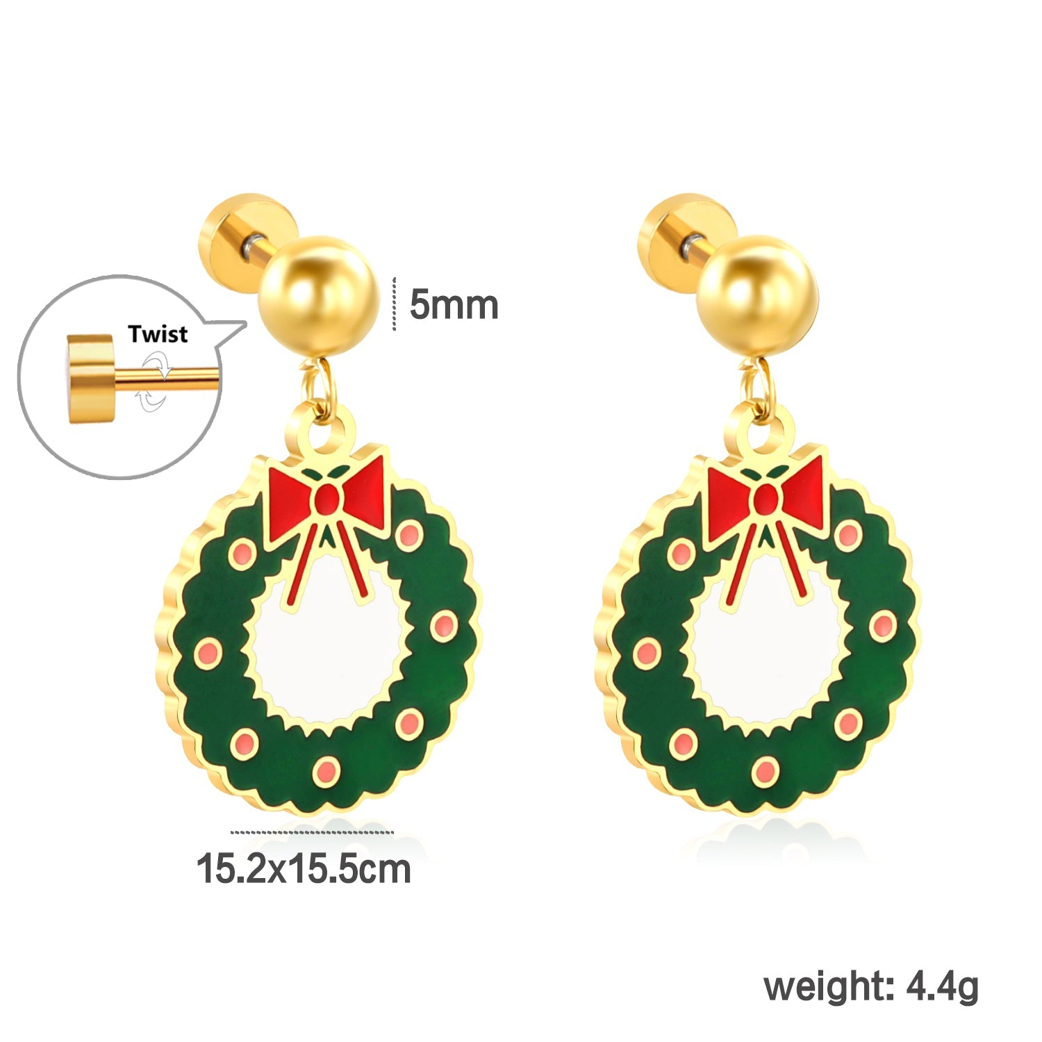 Screw plug 0.8*8mm pin + 15.2*15.5mm Christmas circle pendant earrings gold color asonjewelry