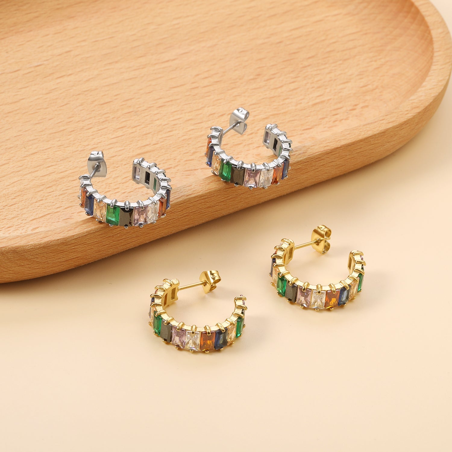 C-Shape with Two Catch Baguette White&Purple&Green&Mixed Diamond Stud Earrings 6.8*21mm asonjewelry