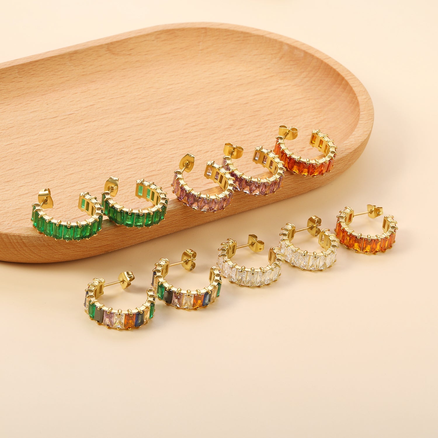 C-Shape with Two Catch Baguette White&Purple&Green&Mixed Diamond Stud Earrings 6.8*21mm asonjewelry