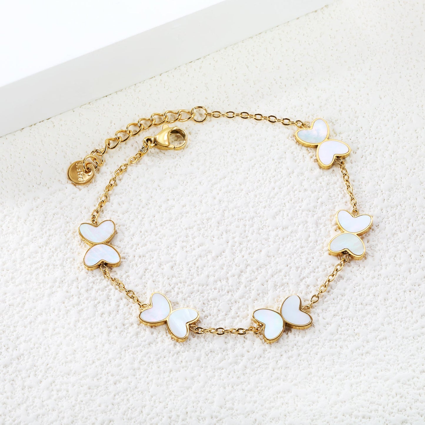 5pcs 11.2*8mm Butterfly with White Shell/Black Yak/Green Drip Oil Bracelet Cross Chain 0.4mm*17+3cm+6mm Round Plaque Gold Color asonjewelry