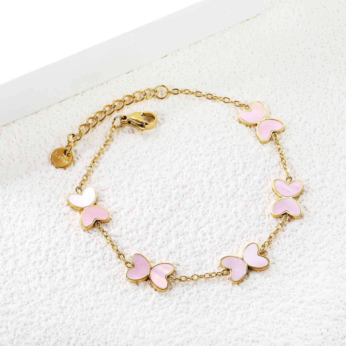 5pcs 11.2*8mm Butterfly with White Shell/Black Yak/Green Drip Oil Bracelet Cross Chain 0.4mm*17+3cm+6mm Round Plaque Gold Color asonjewelry