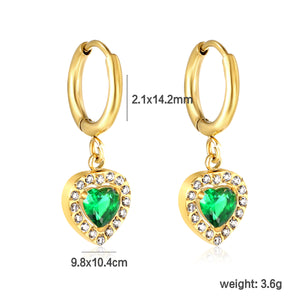 Heart shape with a circle of white diamonds + green diamonds earrings gold color