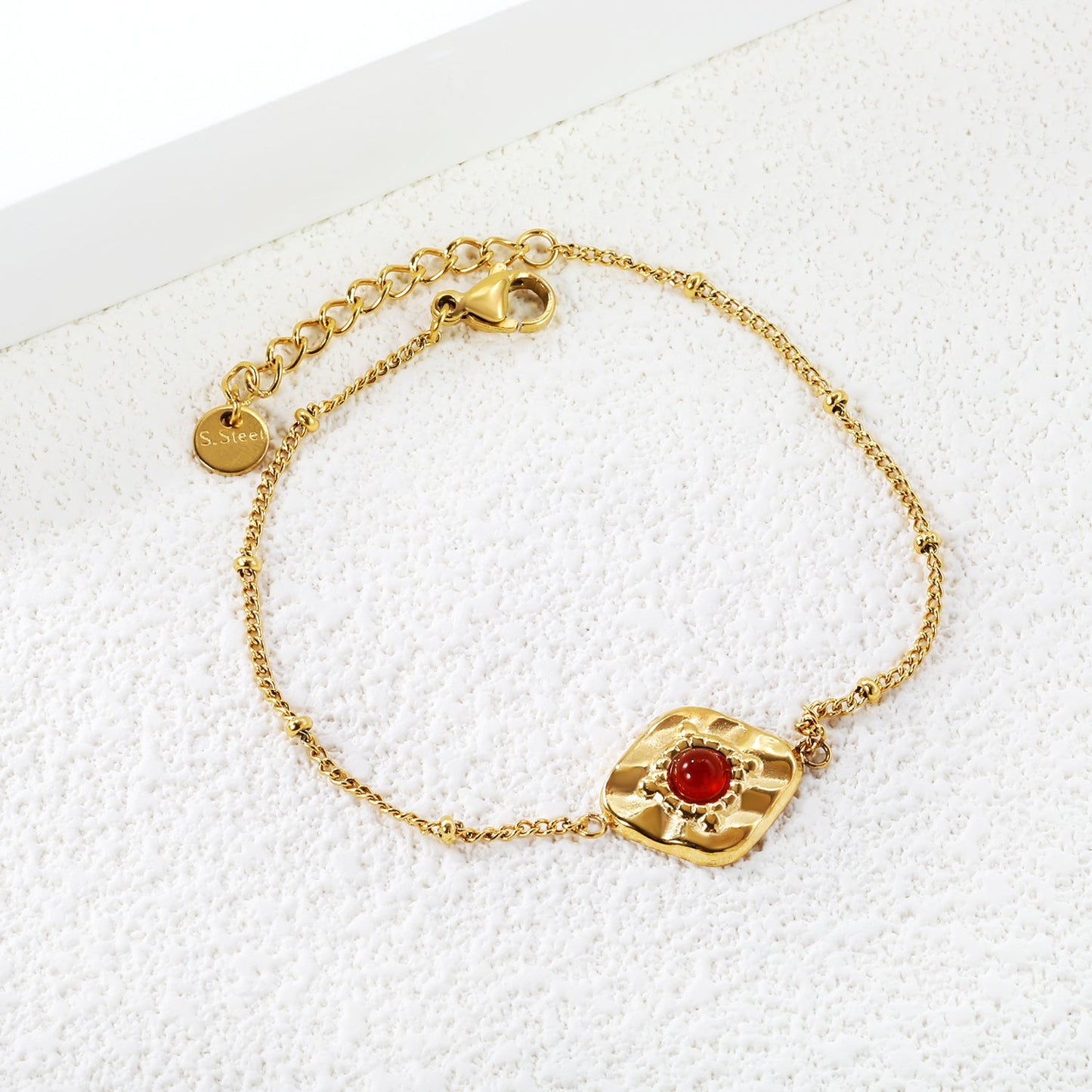 14*15.6mm rhombus with 4mm red stone bracelet 17+3cm gold color asonjewelry