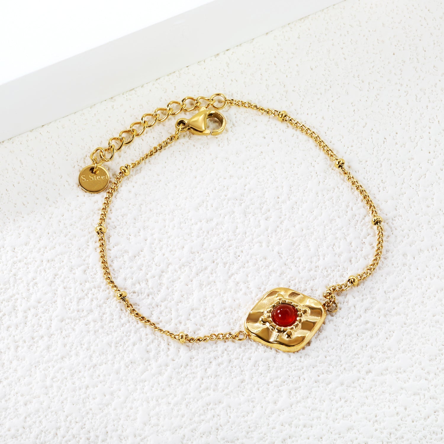 14*15.6mm rhombus with 4mm red stone bracelet 17+3cm gold color asonjewelry