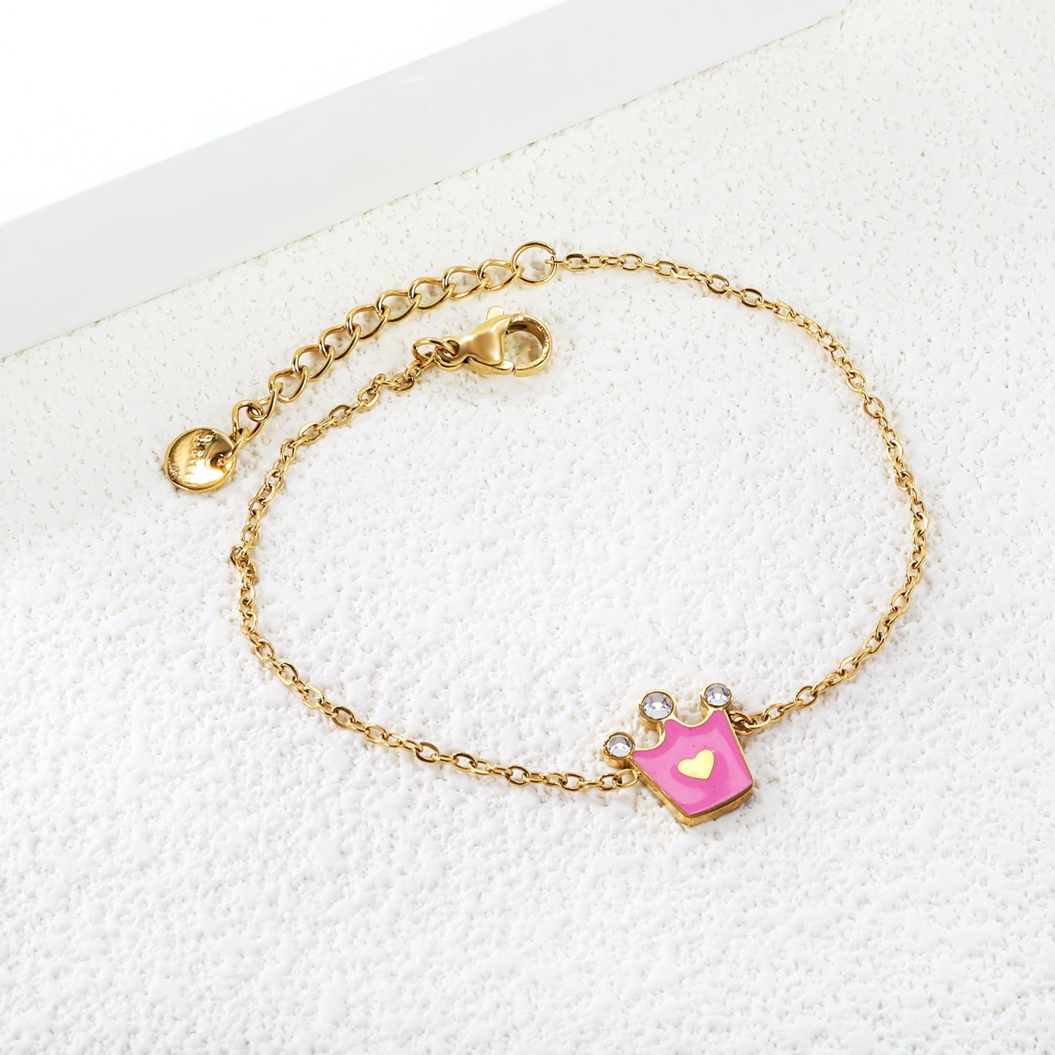 12mm Crown with Pink Oil Drip Bracelet Cross 0.4mm*17+3cm+6mm Round Plaque Gold Color asonjewelry