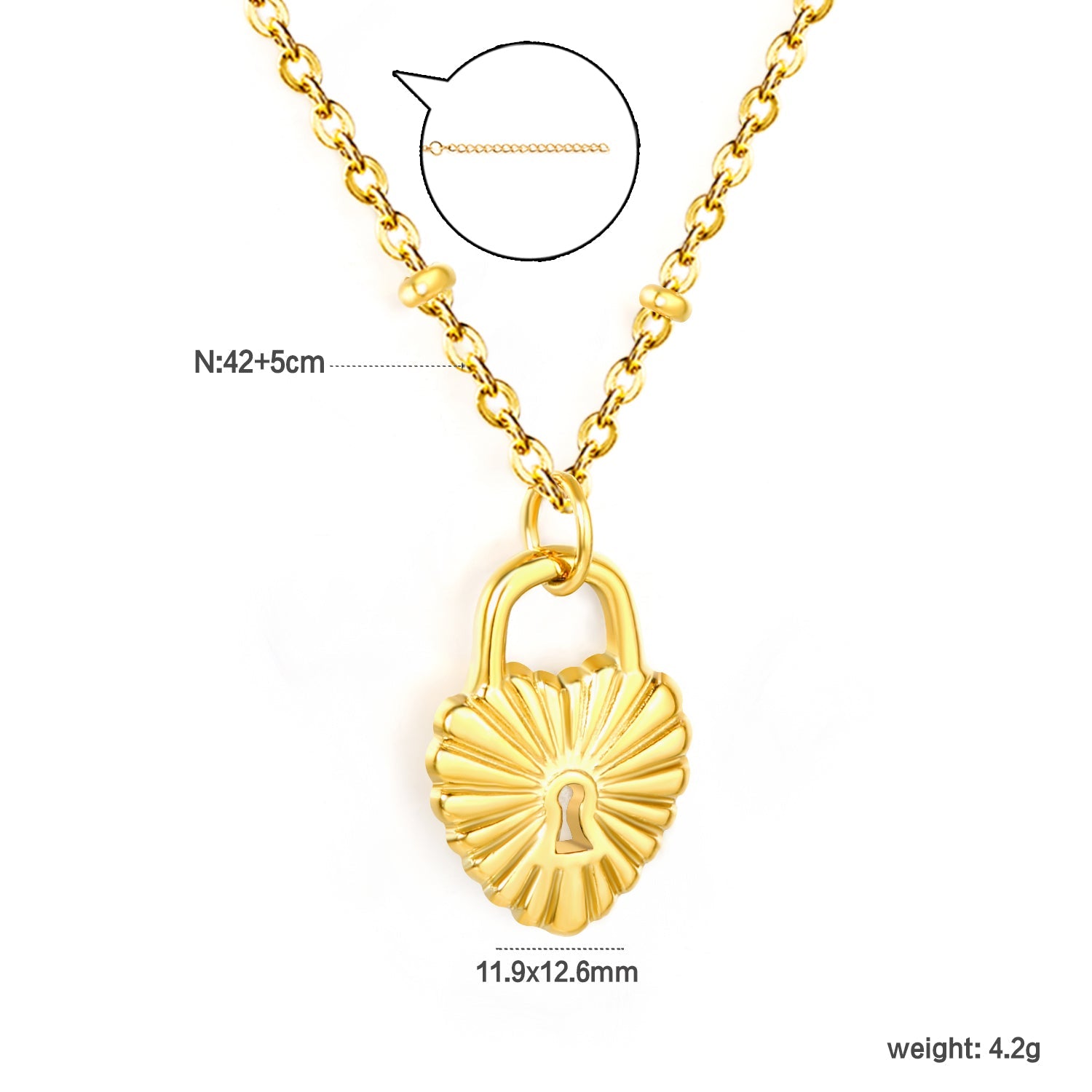 11.9*16.2mm Heart Lock Pendant 42+5cm Tail Chain+4.6*7.4mm Crescent Tail Plate Necklace Gold Color asonjewelry