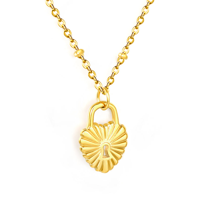 11.9*16.2mm Heart Lock Pendant 42+5cm Tail Chain+4.6*7.4mm Crescent Tail Plate Necklace Gold Color