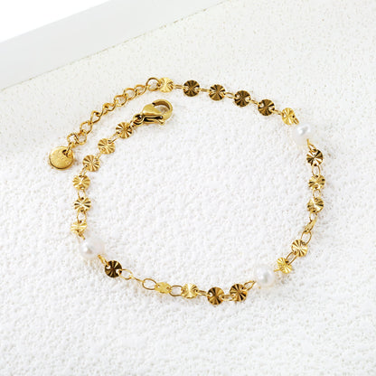 3pcs 5.8*4.6mm freshwater pearls+embossed round cake chain bracelet 17+3cm gold color asonjewelry