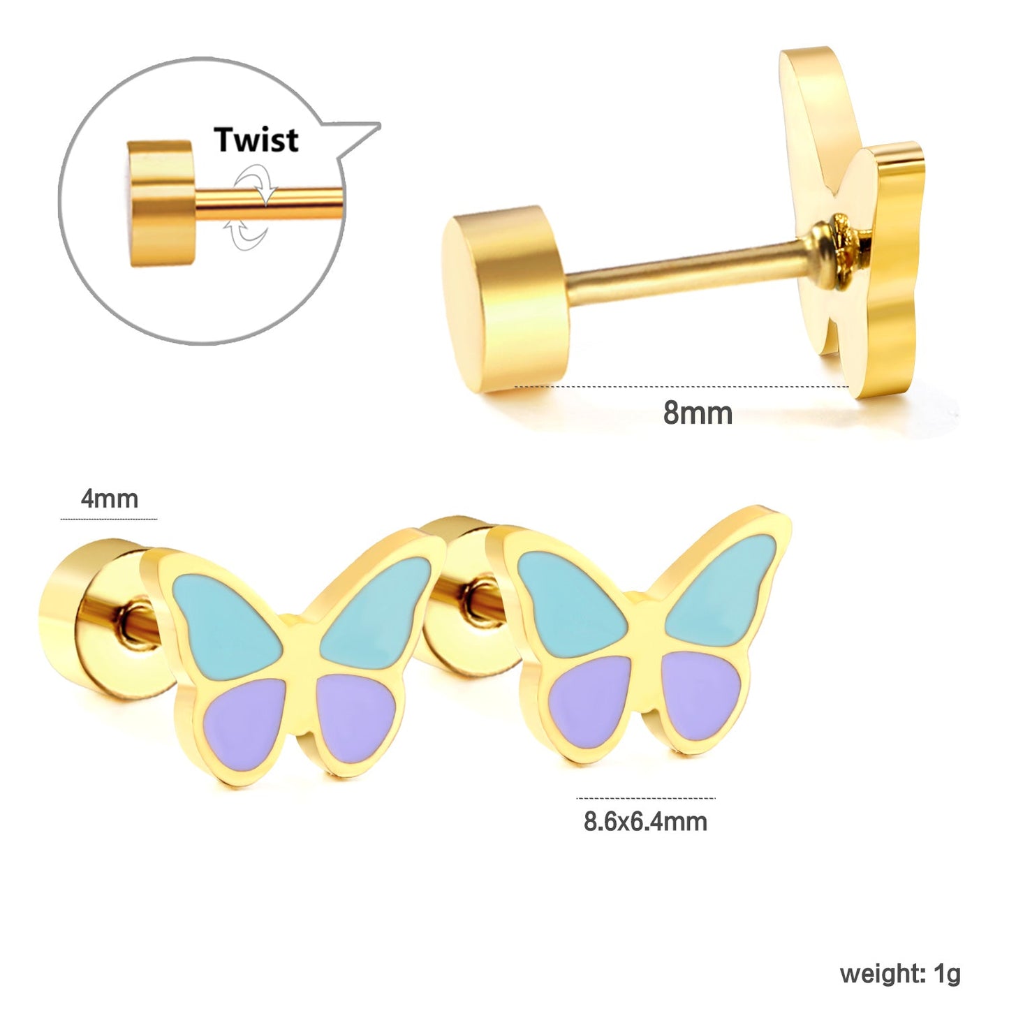 Screw plug 0.8*8mm needle butterfly with mixed color oil drip earrings 8.6*6.4mm gold color asonjewelry