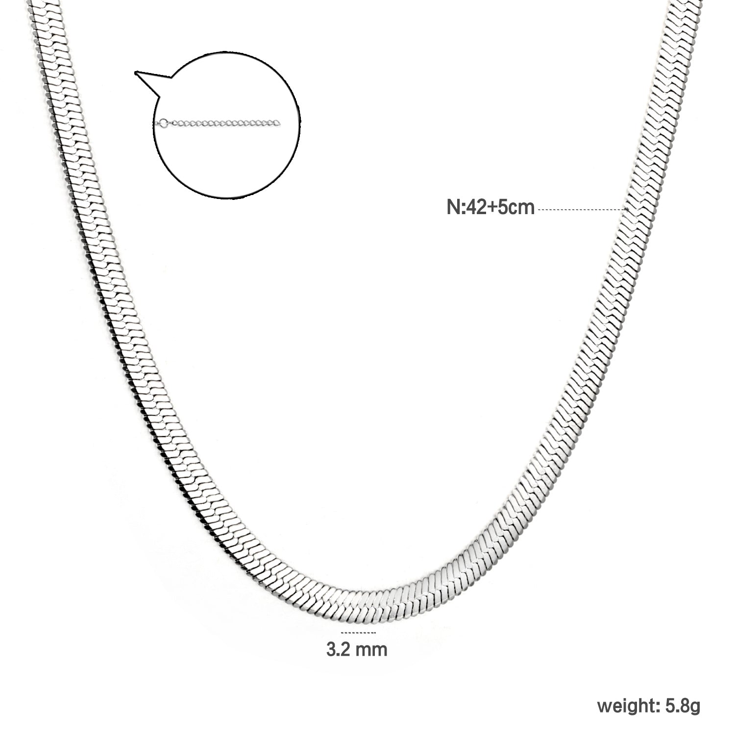 3.2mm width*42+5cm end chain+4.6*7.4mm crescent tail plate necklace steel color asonjewelry