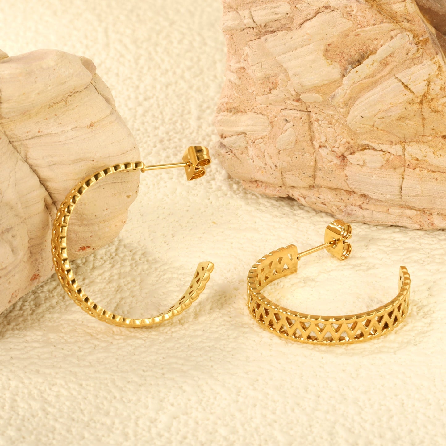 C-Shape Openwork Flower Earrings Thick1.4*W5*H25mm Goldtone asonjewelry