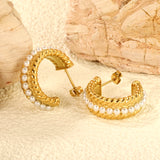 Half Round Twisted Lace Ear Clips with 17pcs 2.5mm White Pearls 8.6*20.6mm Gold Color