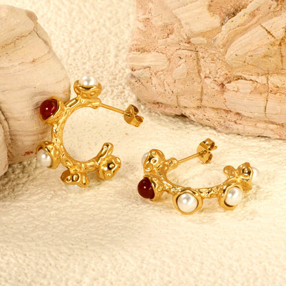 Half Round with 1pc 4mm Red Zircon + 4pcs 4mm White Pearls earring clips Thick2.4*High24.4mm Gold color asonjewelry