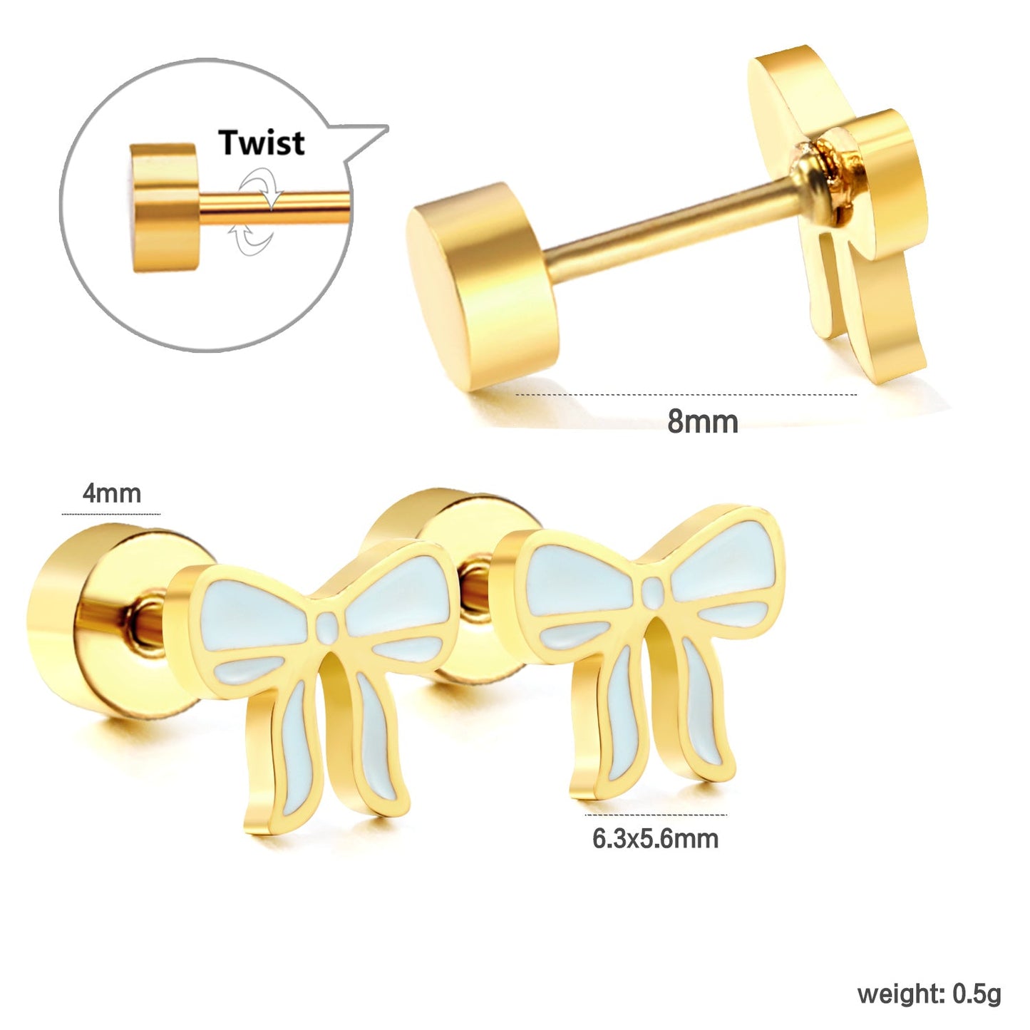Screw plug 0.8*8mm pin bow with blue drop earrings 6.3*5.6mm gold color asonjewelry