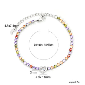 7.9*7.1mm heart with white diamonds + 3mm square mixed diamonds 18+5cm end chain + 4.6*7.4 crescent moon tag bracelet steel color