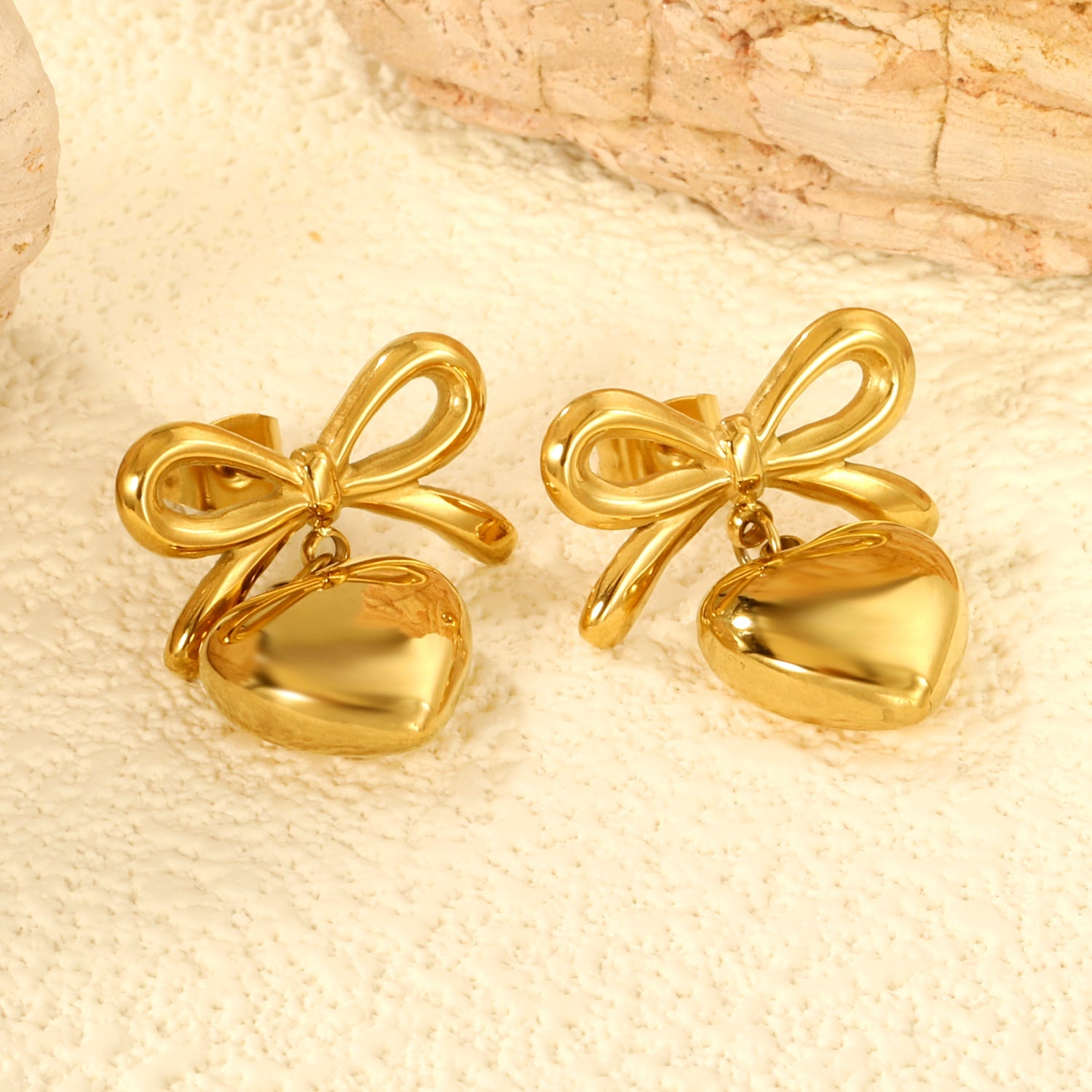 19.7*12.4mm Bow+13mm Heart Stud Earrings Gold Color asonjewelry