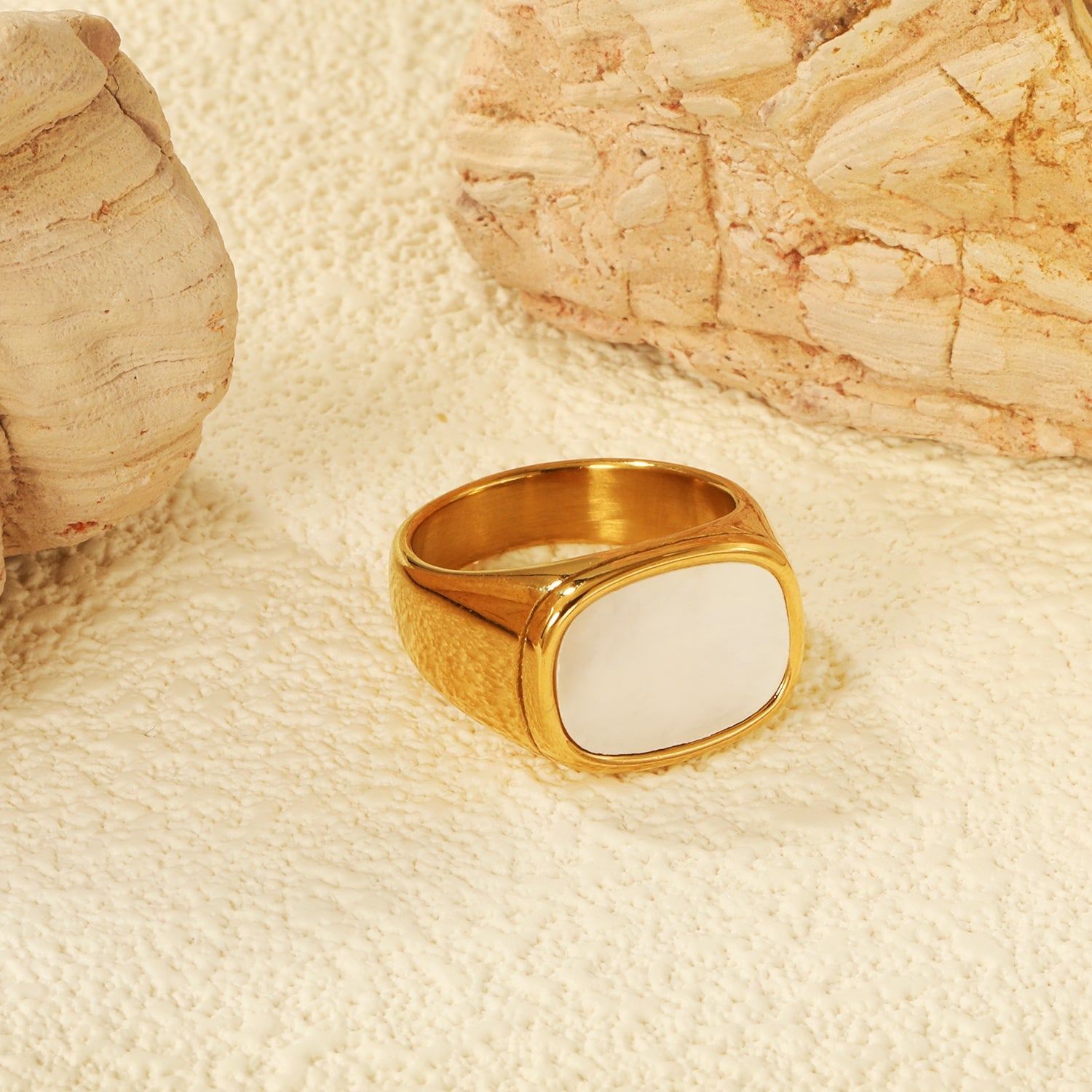 Cast Crafted Sticky White Oversized Shell Ring Square Gold Polished Stainless Steel Ring Wholesale asonjewelry