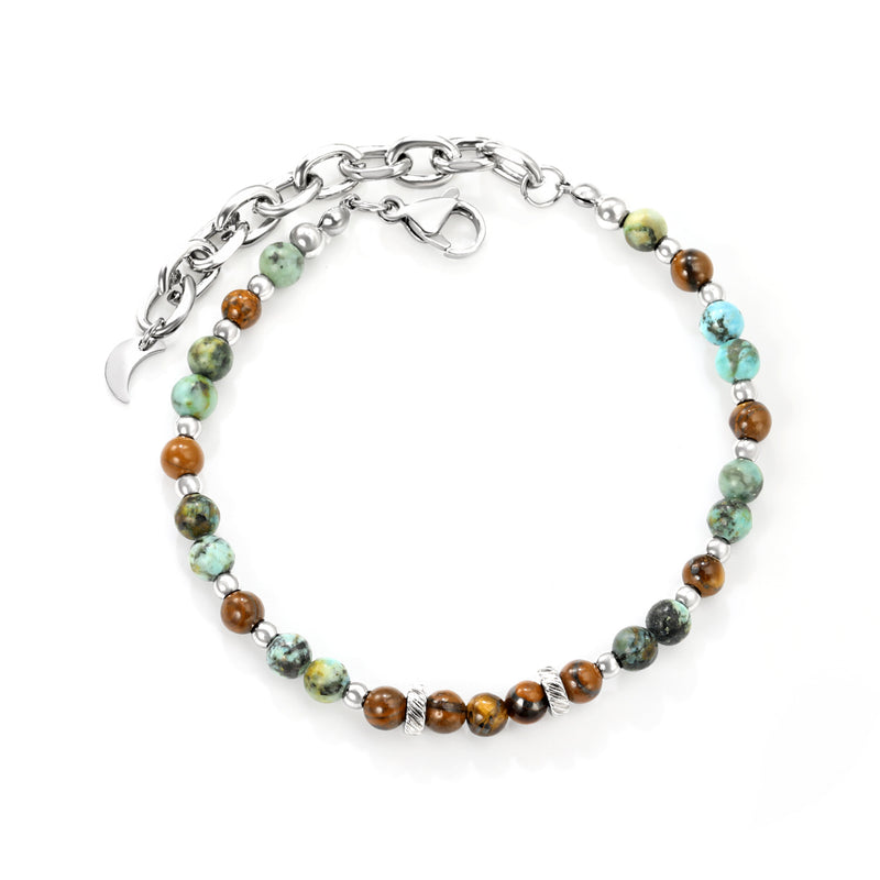 About 4.7mm mixed color round beads + 2.9mm round steel beads 18+5cm end chain + 4.6*7.4 crescent moon tail plate bracelet steel color